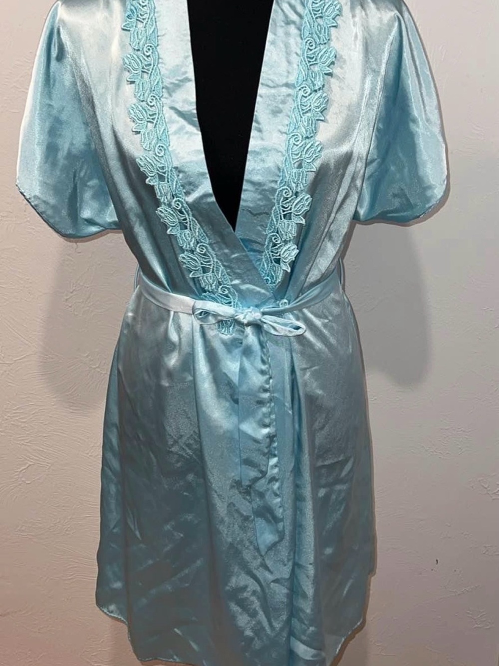 Satin Lace-Trim Robe - Light Blue